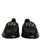 Black Leather Logo Slip On Loafers Shoes