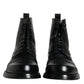 Black Leather Lace Up Mid Calf Boots Shoes