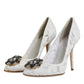 White Taormina Lace Crystal Heel Pumps Shoes