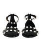 Black Leather Pearls Ankle Strap Sandals Shoes