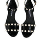 Black Leather Pearls Ankle Strap Sandals Shoes