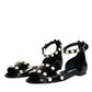 Black Leather Pearls Ankle Strap Sandals Shoes