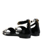 Black Leather Pearls Ankle Strap Sandals Shoes