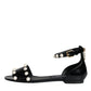 Black Leather Pearls Ankle Strap Sandals Shoes