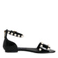 Black Leather Pearls Ankle Strap Sandals Shoes