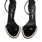 Black Keira Leather Faux Pearl Sandals Heels Shoes