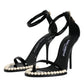 Black Keira Leather Faux Pearl Sandals Heels Shoes