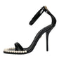 Black Keira Leather Faux Pearl Sandals Heels Shoes