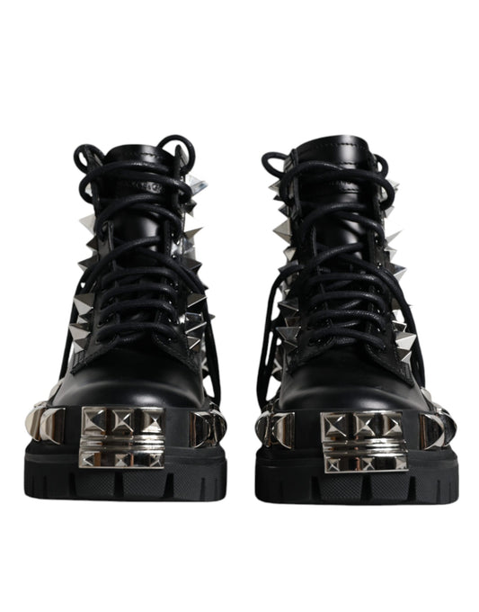 Black Leather Studded Trekking Boots Shoes