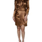 Brown Satin Long Sleeves Wrap Sheath Mini Dress