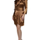 Brown Satin Long Sleeves Wrap Sheath Mini Dress