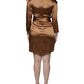 Brown Satin Long Sleeves Wrap Sheath Mini Dress