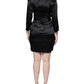 Black Satin Long Sleeves Wrap Sheath Mini Dress