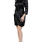 Black Satin Long Sleeves Wrap Sheath Mini Dress