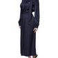 Dark Blue Long Sleeves Pleated A-line Maxi Dress