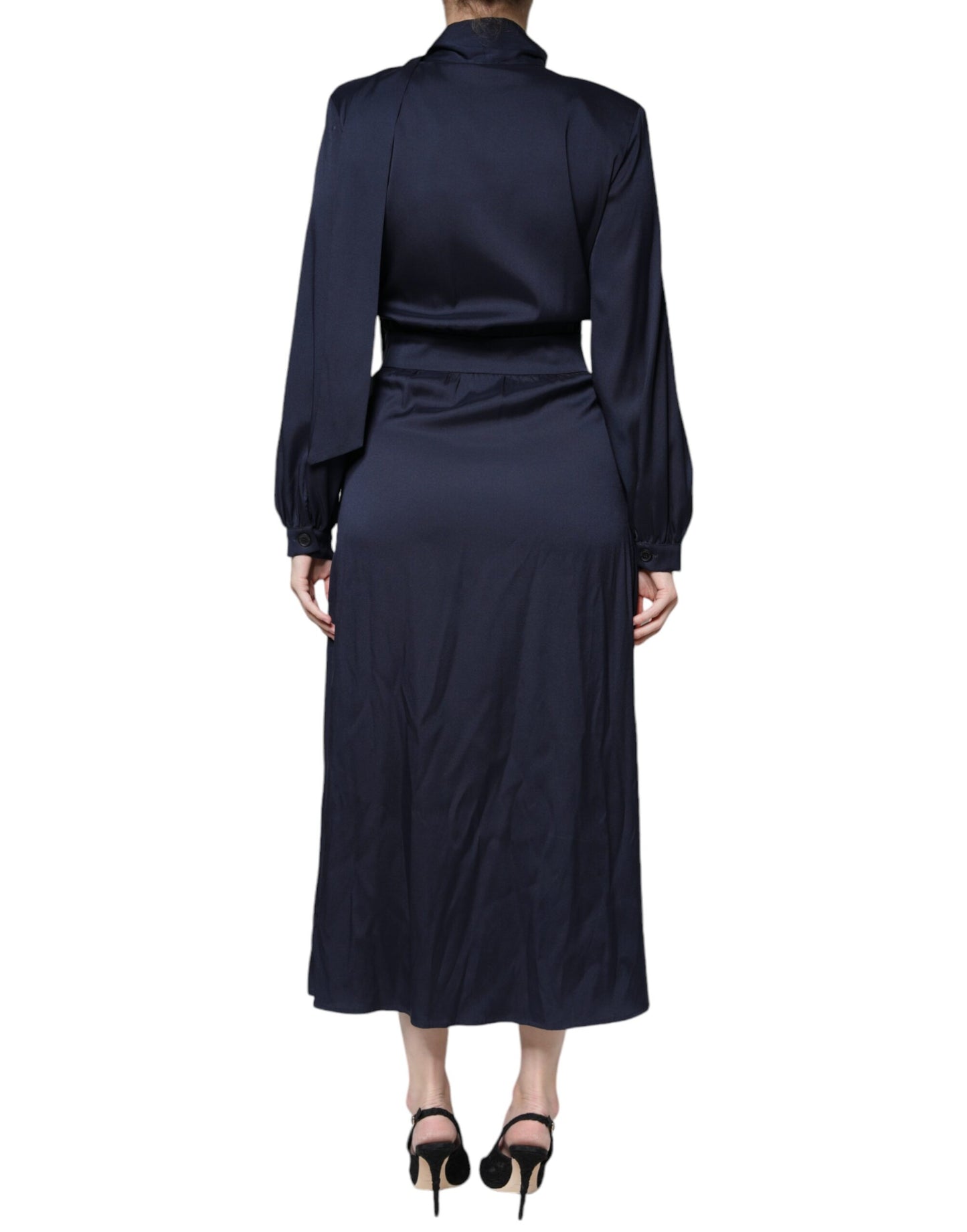 Dark Blue Long Sleeves Pleated A-line Maxi Dress