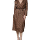 Brown Printed Long Sleeves V-neck Wrap Midi Dress