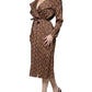 Brown Printed Long Sleeves V-neck Wrap Midi Dress