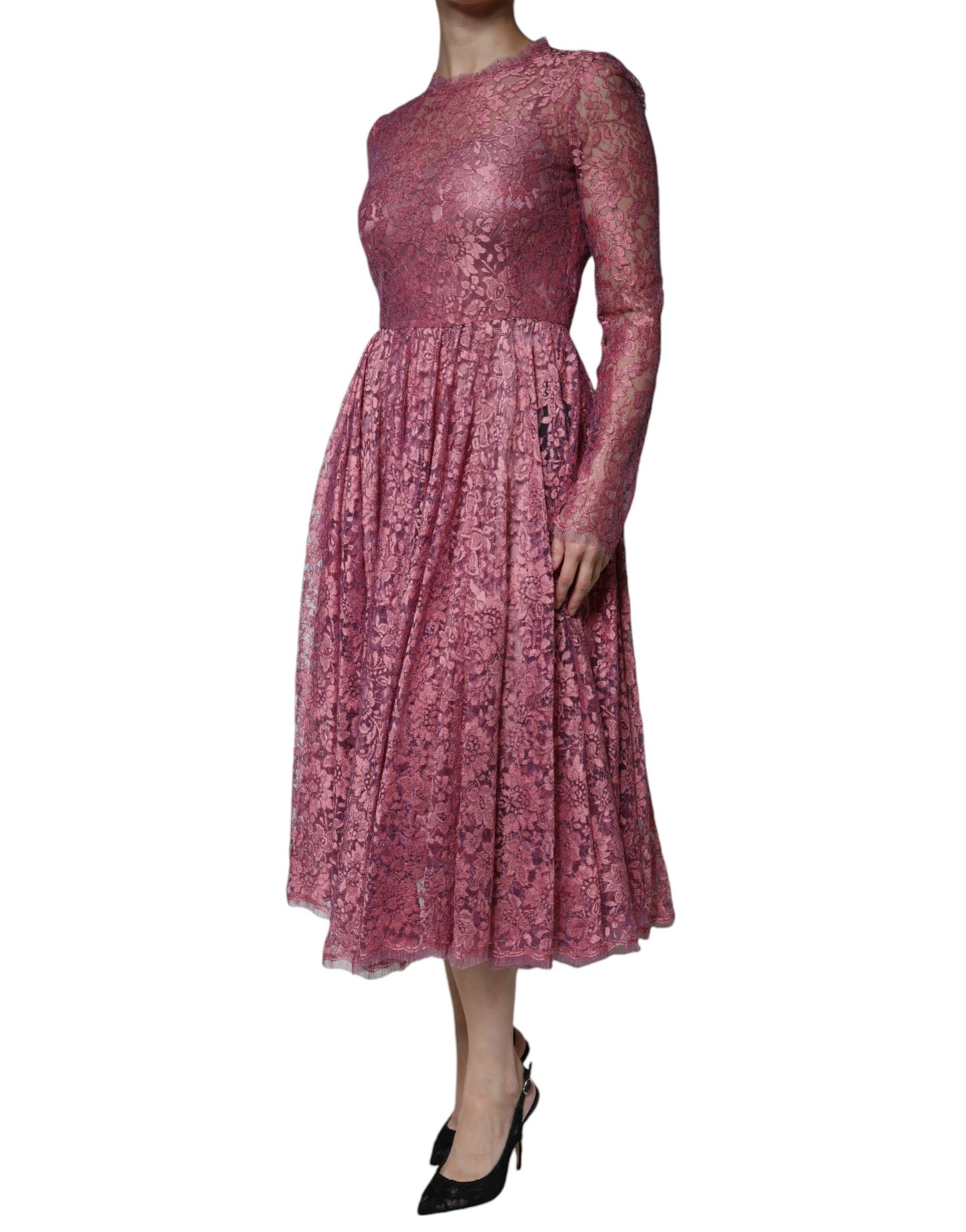 Fuchsia Floral Lace Long Sleeve Maxi Dress