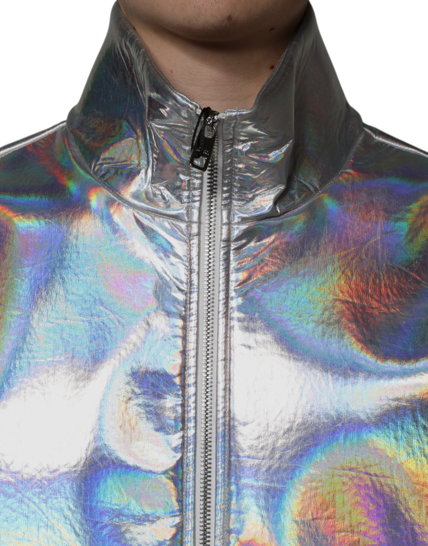 Silver Iridescent Full Zip Men Bomber Jacket