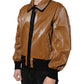 Brown Leather Full Zip Men Bomber Jacket