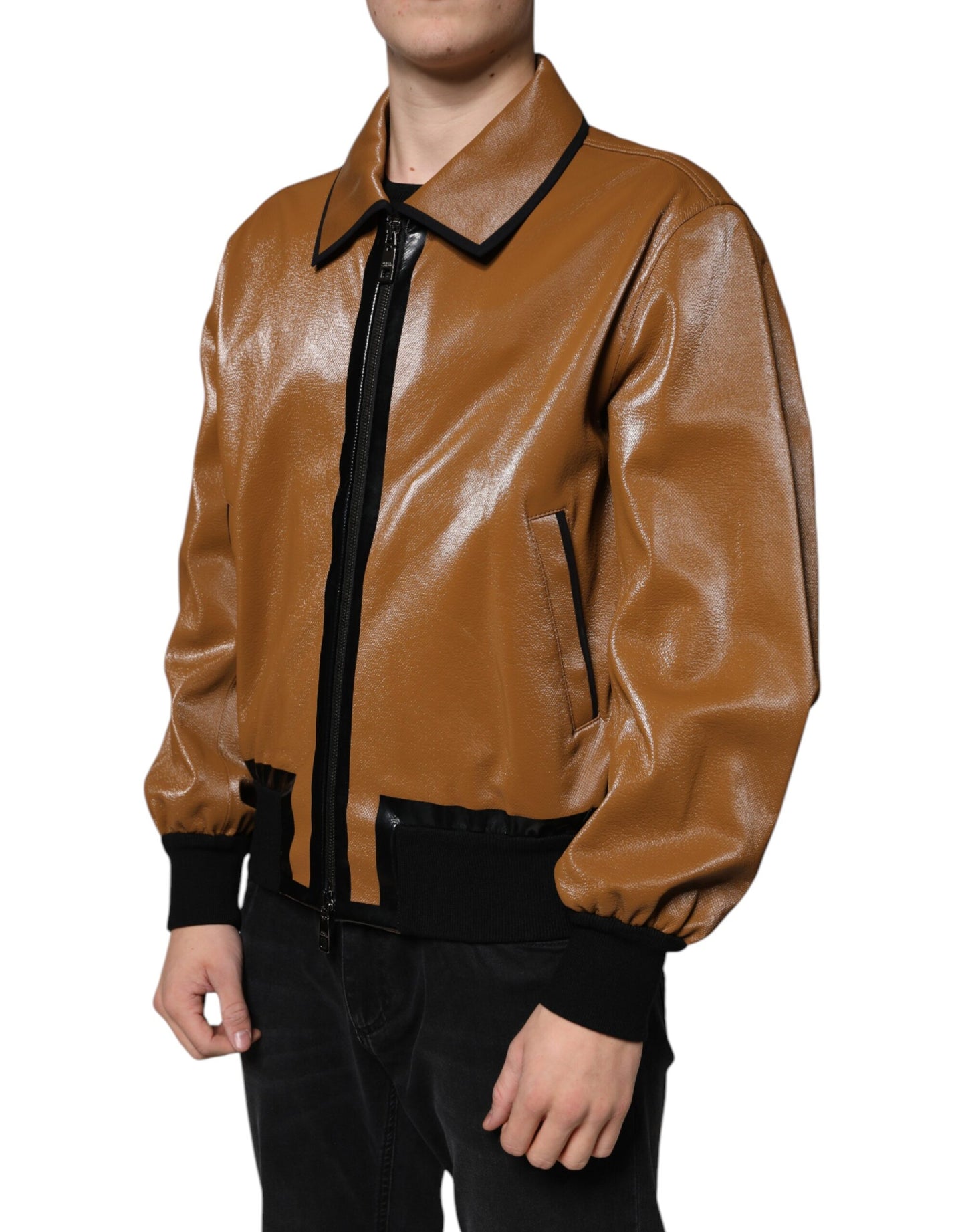 Brown Leather Full Zip Men Bomber Jacket