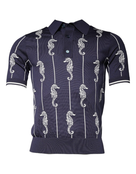 Dark Blue Sea Horse Collared Polo T-shirt