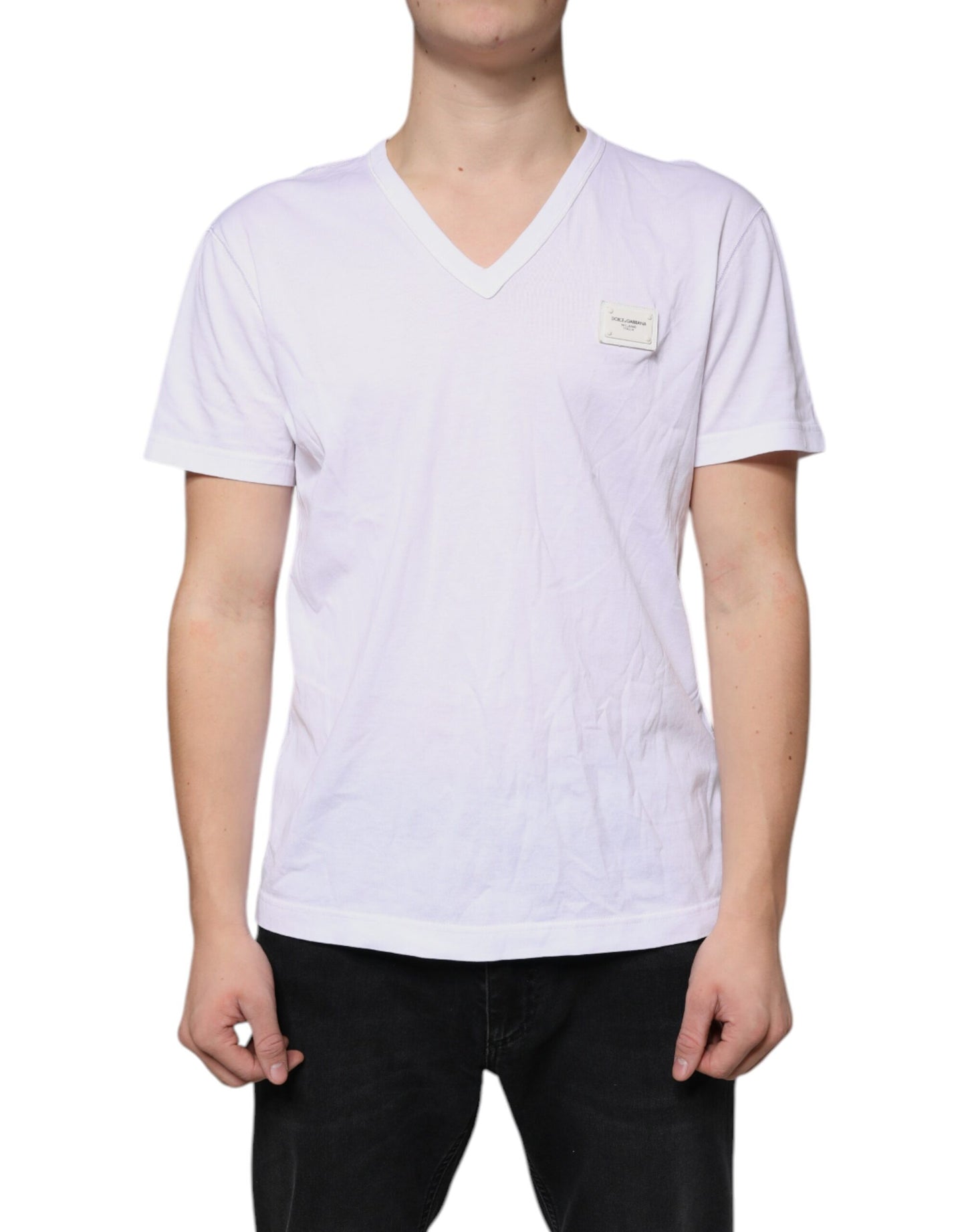 White Logo Cotton V-neck Short Sleeve T-shirt