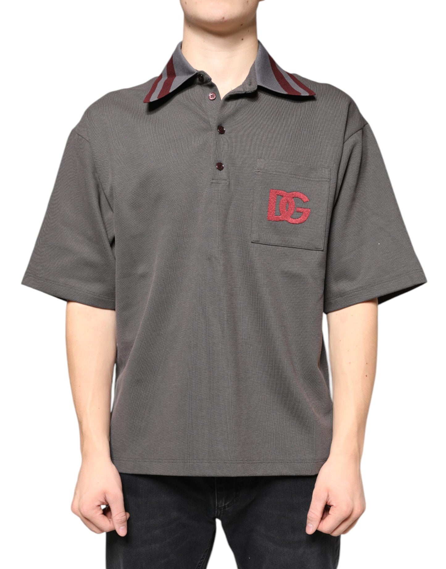 Gray DG Embroidery Collared Men Polo T-shirt