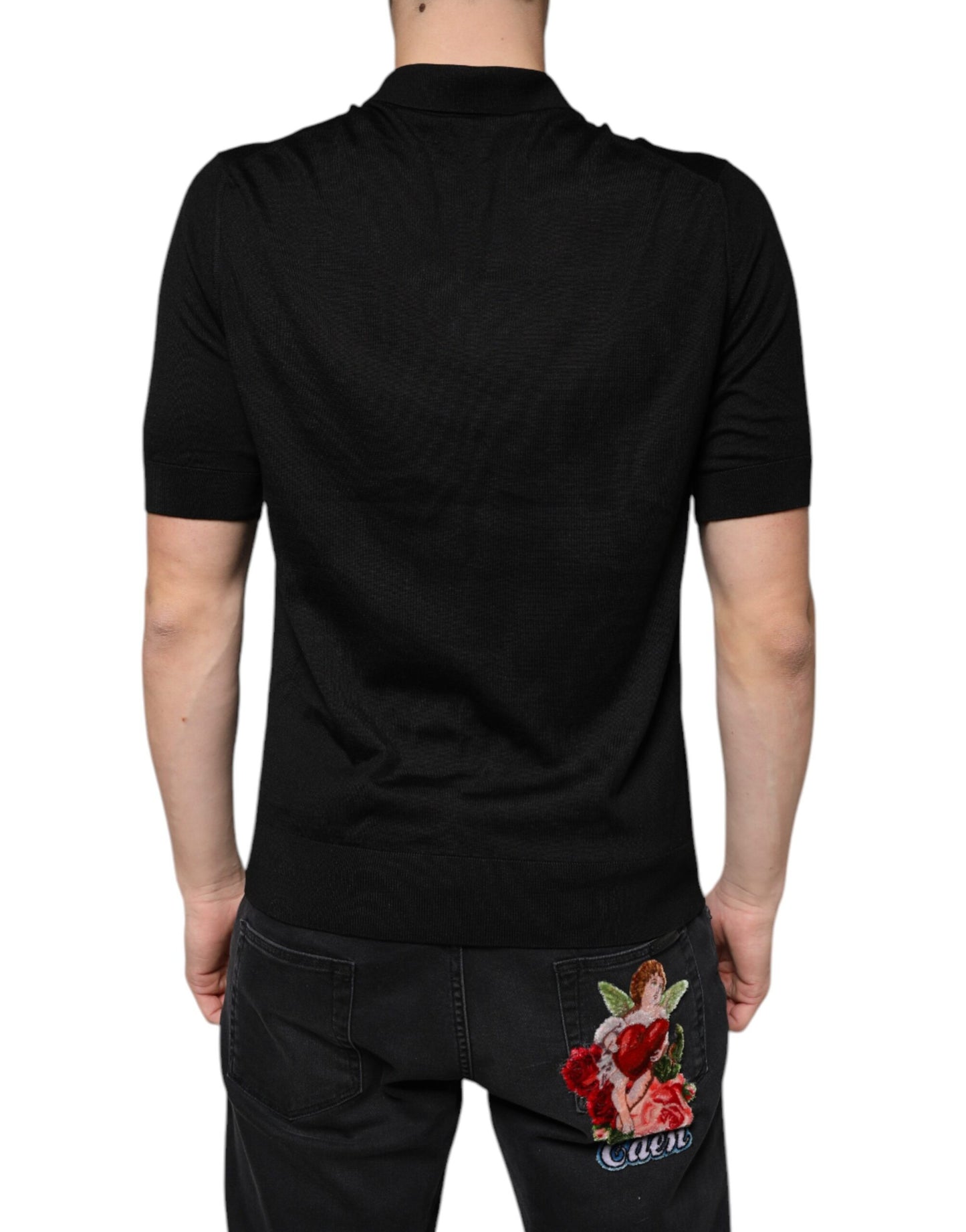 Black Silk Short Sleeves Men Polo T-shirt