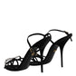 Black Leather Crystal Heels Sandals Shoes