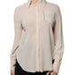 Beige Silk Blend Collared Button Down Top