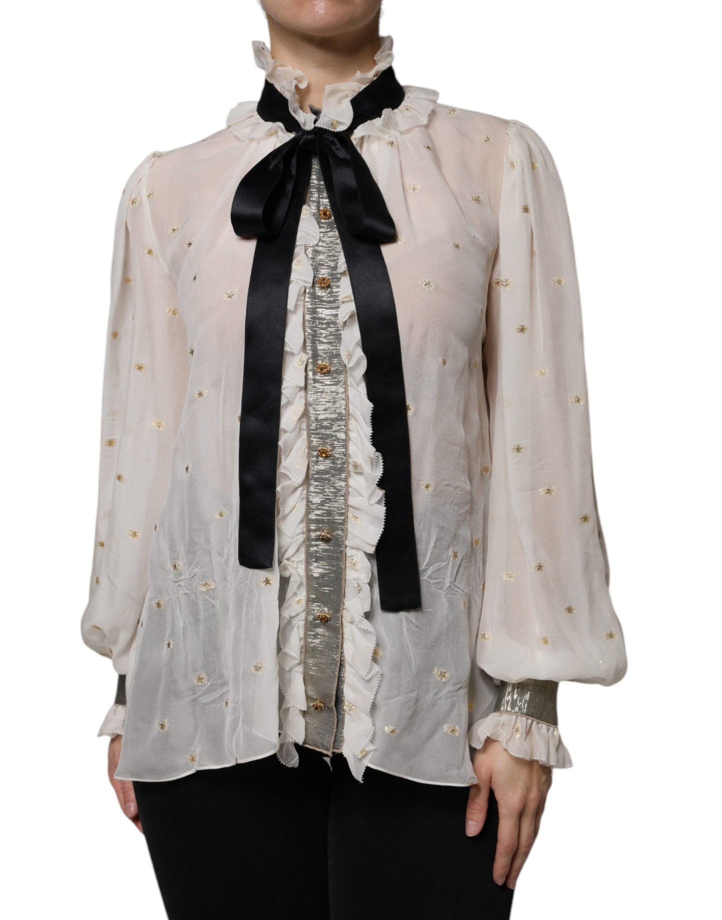 Off White Silk Blend Ascot Collar Blouse Top