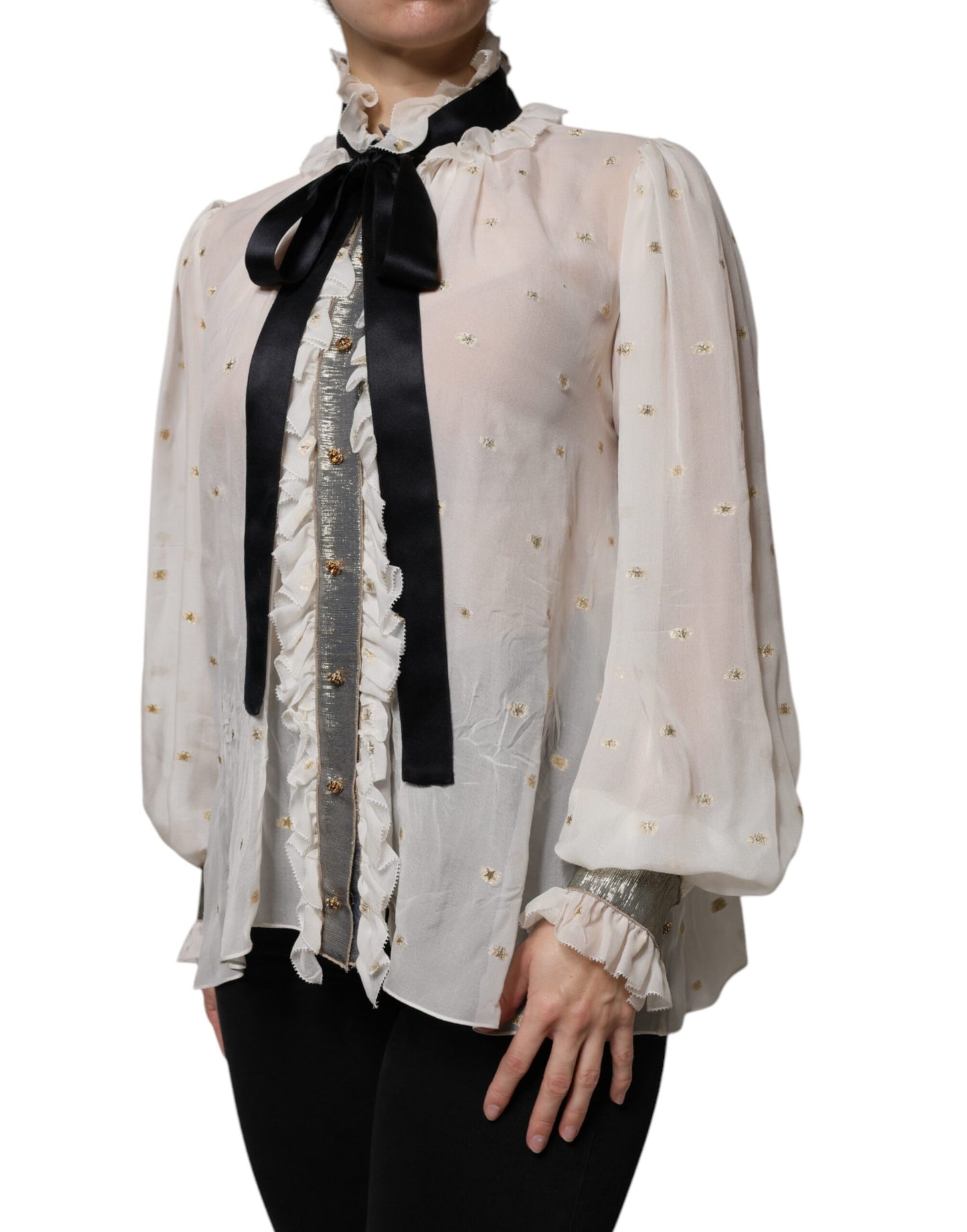 Off White Silk Blend Ascot Collar Blouse Top