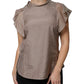 Brown Cotton Blend Short Sleeves Blouse Top