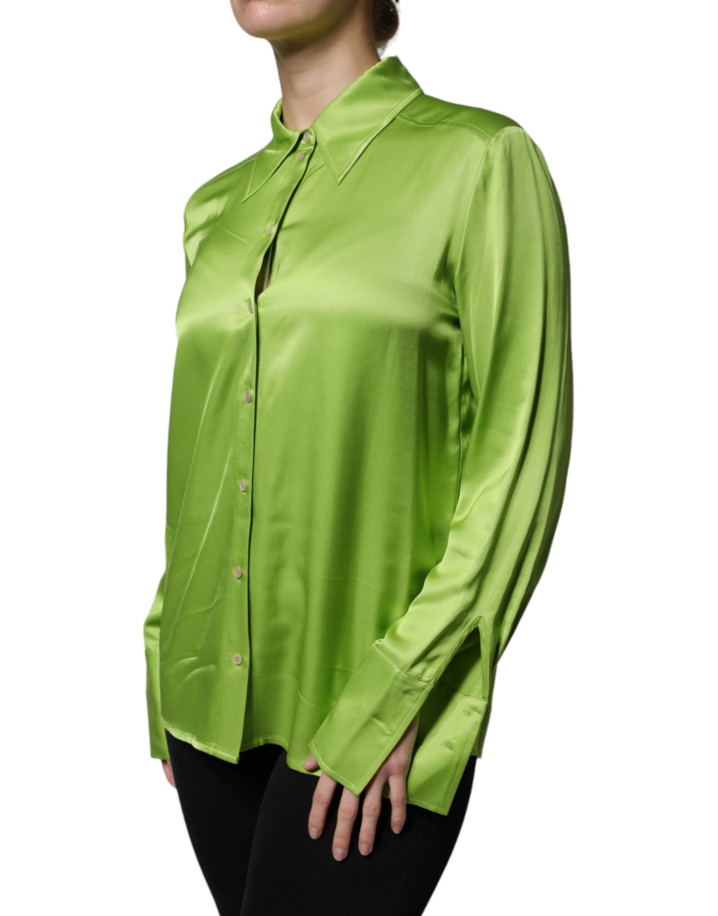 Green Viscose Long Sleeves Collared Blouse Top