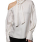 Beige Silk Ascot Collared Long Sleeves Top