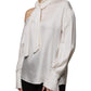 Beige Silk Ascot Collared Long Sleeves Top