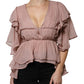 Brown Silk Short Sleeves V-neck Pleated Top