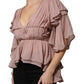 Brown Silk Short Sleeves V-neck Pleated Top