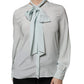 Light Blue Silk Ascot Collared Long Sleeves Top