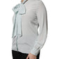 Light Blue Silk Ascot Collared Long Sleeves Top