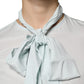 Light Blue Silk Ascot Collared Long Sleeves Top