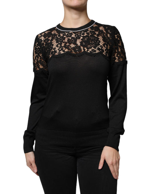 Black Floral Lace Silk Pullover Blouse Top