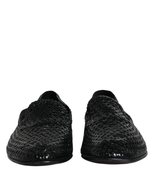 Black Woven Leather Slip On Loafers Shoes