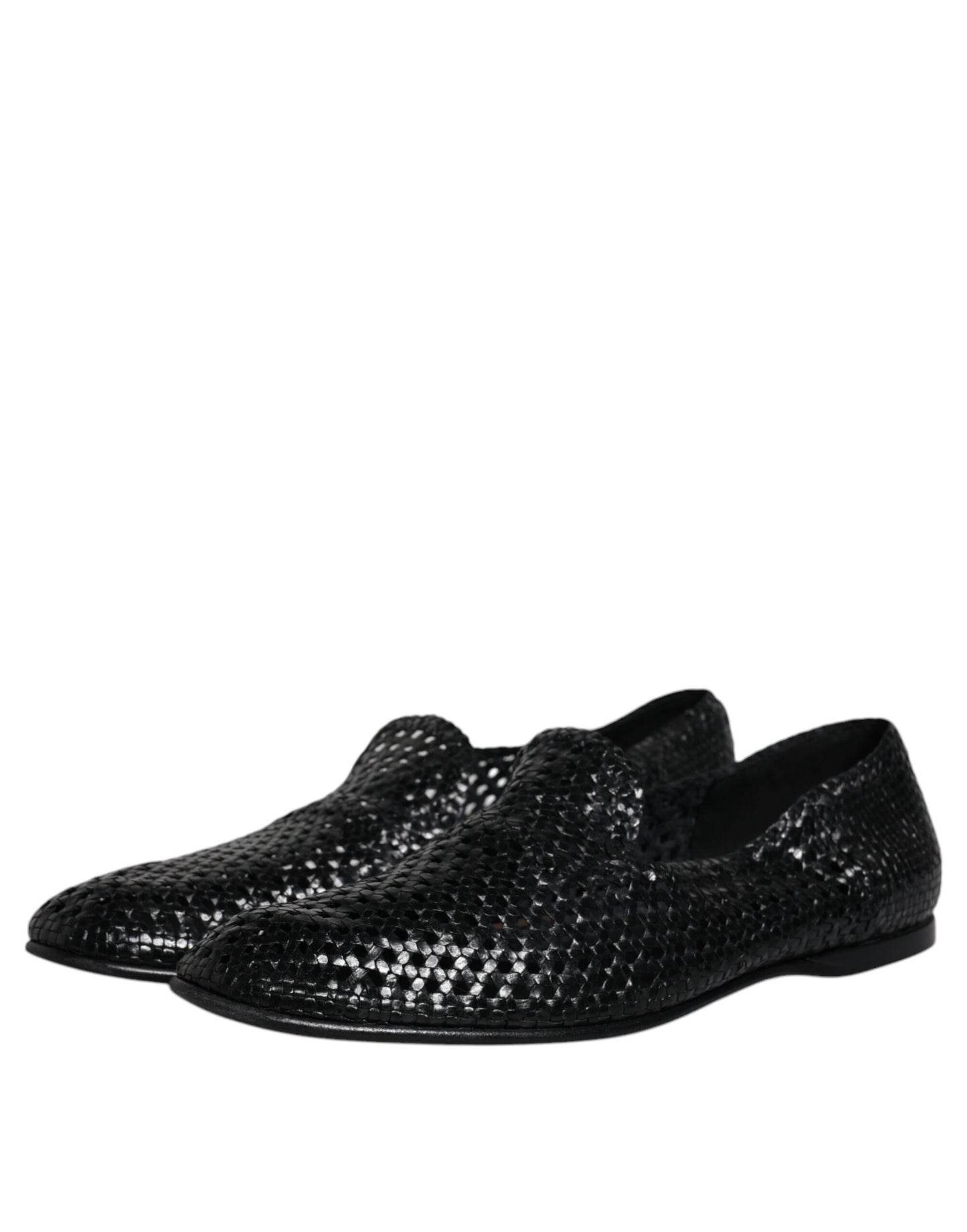 Black Woven Leather Slip On Loafers Shoes