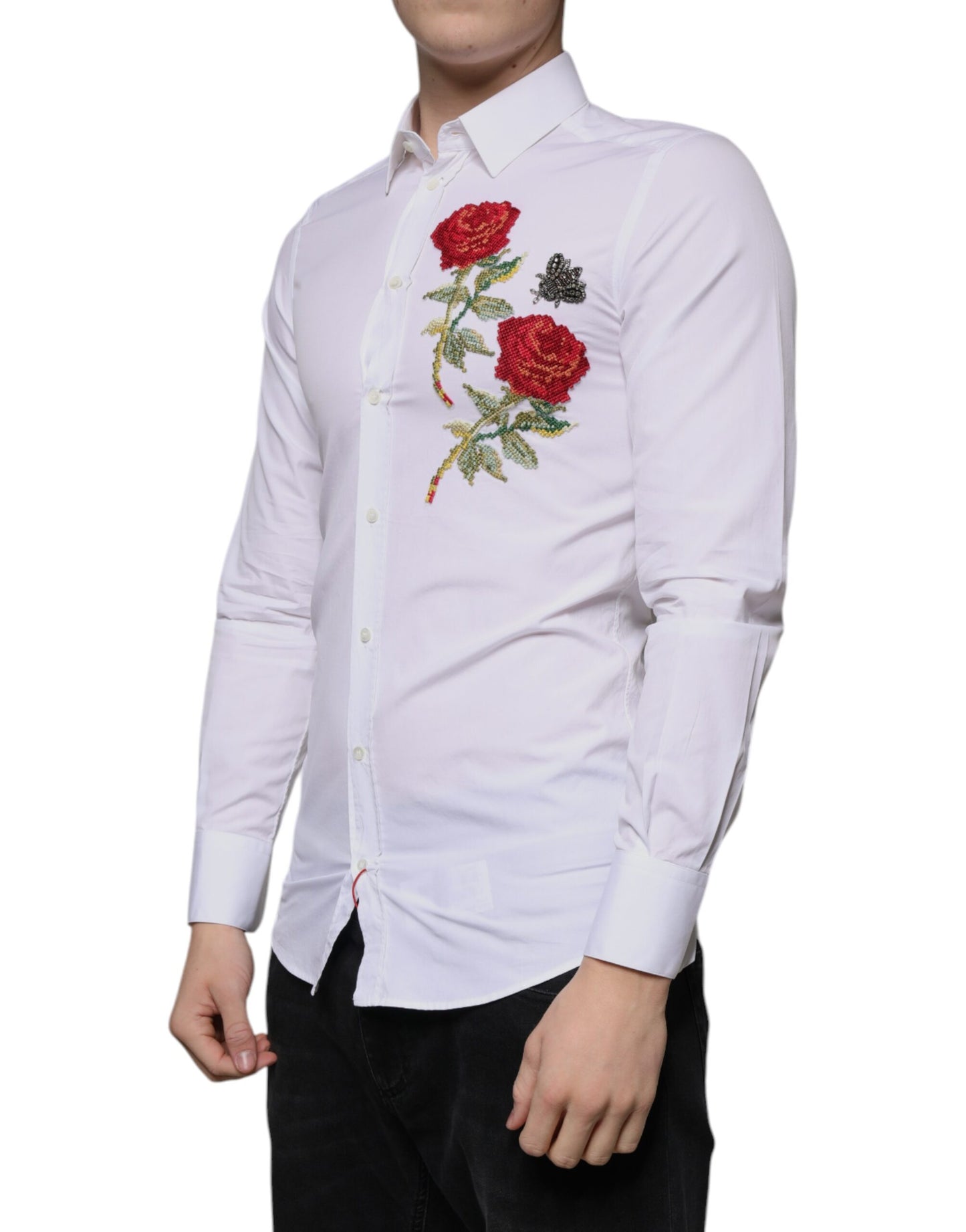 White Floral Embroidery GOLD Men Dress Shirt