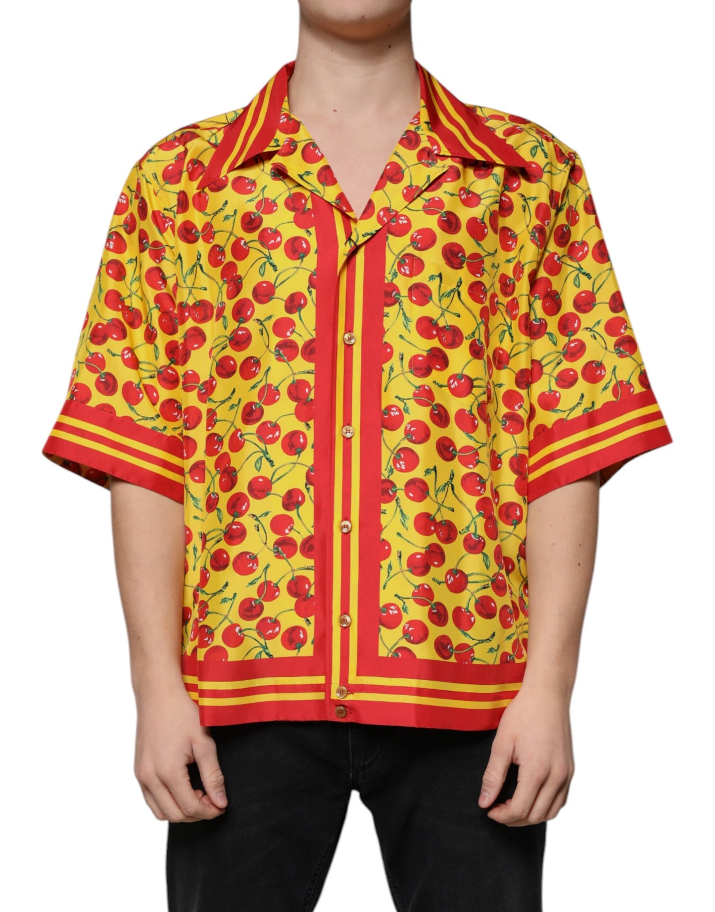 Yellow Cherry Button Down Silk Casual Shirt