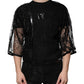 Black Nylon Floral Lace Crew Neck T-shirt