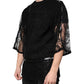 Black Nylon Floral Lace Crew Neck T-shirt